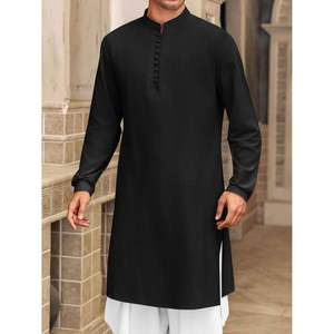 2025 hommes caftan Thobe bouton vers le bas Henley chemises Robe à manches longues décontracté coton lin robe musulmane chemise ensemble de vêtements d'extérieur - Product Image 3