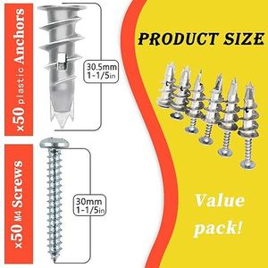 50 pièces d'ancres autoperceuses en zinc pour cloisons sèches, robustes, 50 # 6 vis de 1-1/4 pouces pour chevilles de fixation de plaques de plâtre pour murs métalliques creux - Product Image 4