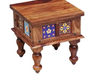 Solid Wood Bedside <b>Table</b> with Ceramic Tile Inlay | Traditional Rajasthani <b>Side</b> <b>Table</b> | Antique Style Accent <b>Table</b> - Product Image 4
