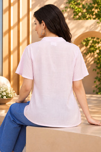 Blusa rosa de manga corta con cuello en V para mujer, corte holgado, informal, para el día a día, top de verano - Product Image 5