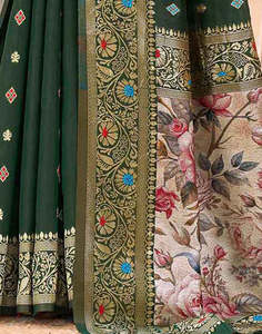 AARA Fashion <b>Green</b> <b>Silk</b> Saree Floral Embroidery Border Sun Protection for Wedding Party Diwali Occasions Women Traditional Wear - Product Image 4