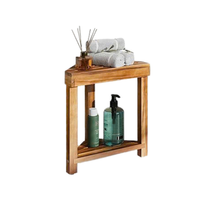 Repose-pieds de douche minimaliste en bois brun avec 2 étagères de rangement, antidérapant, écologique, gain de place, banc de salle de bain - Product Image 3