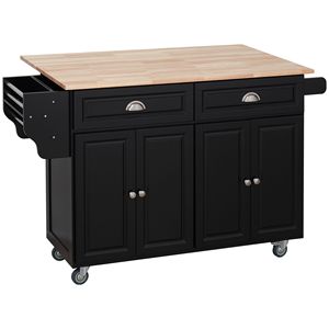 Isola da Cucina Moderna Nera con Ruote, in Rovere, con Piano Ribaltabile Regolabile, Cassetti Contenitori, Ante e Armadietti, Piano di Lavoro in Legno di Gomma - Product Image 1