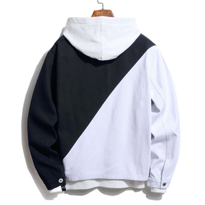 เสื้อแจ็คเก็ตมีฮู้ดสำหรับผู้ชาย ดีไซน์ตัดต่อสีสัน สไตล์ลำลองสำหรับฤดูใบไม้ร่วง ปกคอเสื้อพับได้ ติดกระดุมแถวเดียว ทรงหลวม ดีไซน์แบบแพทช์เวิร์ค - Product Image 2