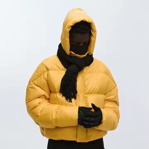 Men's <b>Yellow</b> Hooded <b>Puffer</b> <b>Jacket</b> Windproof Zipper Closure Casual Winter Outerwear Solid Color 100% Polyester Thick Loose Fit - Product Image 1