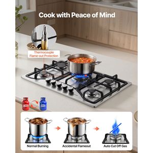 Piano Cottura a Gas Incasso in Acciaio Inox da 30 Pollici, 5 Bruciatori, Convertibile NG/GPL, Max 12250 BTU, Piano Cottura a Gas Naturale da 30 Pollici - Product Image 4