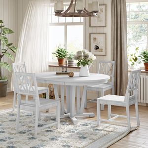 Rustic 5-Piece Extendable <b>Dining</b> <b>Table</b> <b>Set</b> <b>Round</b> Trestle <b>Table</b> and <b>4</b> Cross Back <b>Dining</b> Chairs <b>for</b> Kitchen or <b>Dining</b> Room - Product Image 1
