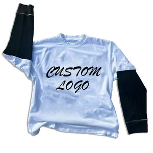 เสื้อยืดแขนยาวโอเวอร์ไซส์ผู้ชาย สีเทา-ดำ ตัดต่อผ้าถัก คอโอ ผ้าฝ้าย พิมพ์ลายตัวอักษร โลโก้ด้านหน้า เสื้อยืดสองชั้น สไตล์ลำลอง - Product Image 5