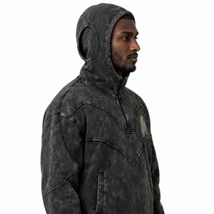 Sweat à capuche cagoule personnalisé délavé à l'acide, avec fermeture éclair YKK, coupe ample et oversize, effet vintage délavé par le soleil, style masque de ski, à empiècements - Product Image 5