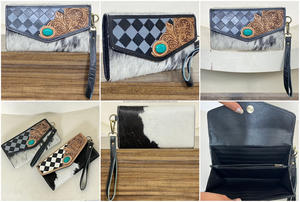 Nouveauté : Portefeuille long vintage pour femme en cuir de vachette travaillé à la main, motif à carreaux, avec blocage RFID, et dragonne - Product Image 3