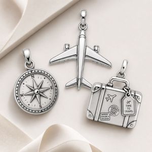 Custom Classic Gold & Rhodium Plated Stainless Steel Airplane <b>Suitcase</b> Compass Travel Charm - Product Image 1