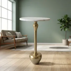 Modern <b>Round</b> White Marble Top Side <b>Table</b> with Brushed <b>Gold</b> Metal Pedestal Base Contemporary Accent Furniture - Product Image 5