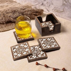 Pine Mango Wood Coaster Set Classic Square Design Durable Eco-Friendly Reusable for Coffee/Tea Mugs Wine Glasses Home Restaurant - Product Image 1