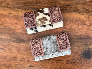 Vente de noël en cuir de vachette véritable portefeuille en cuir usiné cheveux occidentaux sur cacher carte de crédit pochette en cuir cousu à la main pour femmes - Product Image 4