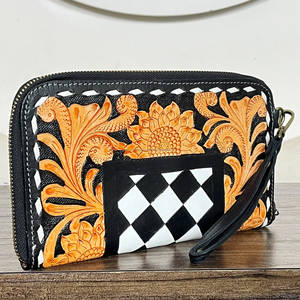 New Western Style Tooled Checkered Genuine Leather <b>Women</b> <b>Clutches</b> Floral Pattern Card & Cash Holder All Season Zipper Wallet - Product Image 4