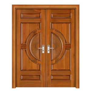 Contemporary Solid Hardwood Front Double Entry Door With Circular Carved Panel Design And Solid Wood <b>Frame</b> - Product Image 4