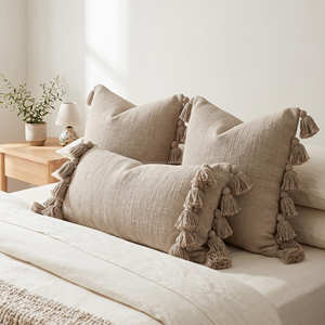 Housse de coussin lombaire surdimensionnée avec franges, coussin décoratif pour lit, style chambre d'hôtel boutique, 30 × 80 cm - Product Image 1