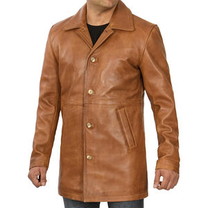 Chaquetas de cuero clásicas largas para hombre en color marrón con cierre de botones, ropa de invierno para hombre con calidad premium, elegantes y personalizadas. - Product Image 6