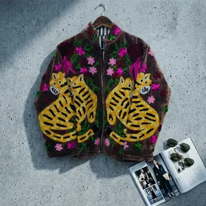 Silkgram <b>Velvet</b> Bomber <b>Jacket</b> Stand Collar Full Sleeve Knitted Floral Pattern Autumn Women's <b>Jacket</b> - Product Image 3