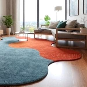 Tapis artisanal abstrait en forme de vague bleu et orange, tapis de sol irrégulier moderne pour salon, chambre et décoration intérieure - Product Image 2