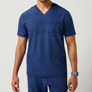 Conjunto de uniforme médico para hombre, color azul marino, con cuello en V, bolsillo y presilla para estetoscopio, para uso hospitalario, de algodón y poliéster tejido. - Product Image 2