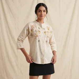 Camisa de Algodón Crema para Mujer, Bordada, con Cuello Mao, Manga Tres Cuartos, Botones al Frente, Bordado Floral, Corte Holgado, Estilo Casual - Product Image 4