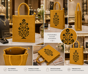 Mustard Jute Tote <b>Bag</b> with Black Hand Block Print Zipper Eco Friendly <b>Reusable</b> Shopping <b>Bag</b> - Product Image 3
