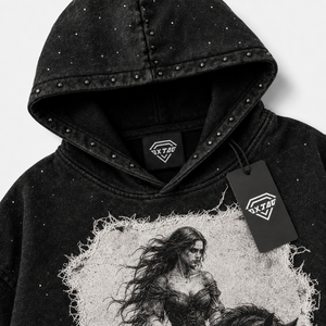 Custom Mens Oversized Acid Wash Graphic <b>Hoodie</b> Vintage Gothic <b>Horse</b> Rider Print Distressed Streetwear Pullover Sweatshirt - Product Image 6