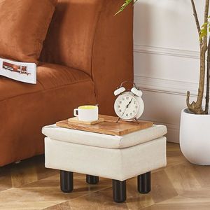 Poggiapiedi Moderno in Lino con Contenitore, Gambe in Legno Massello, Sgabello/Seduta per Hotel, Soggiorno, Divano, Materiale MDF - Product Image 6