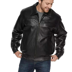 Blouson bomber imperméable en cuir d'agneau noir pour homme, grande taille, fermeture éclair, col montant, vêtement d'hiver décontracté, fourrure d'agneau - Product Image 2