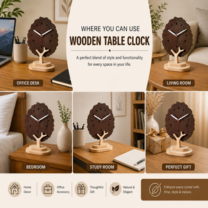 Reloj de Escritorio de Madera de 8 Pulgadas, Color Nogal Oscuro, Movimiento de Cuarzo Silencioso, Base de Madera MDF de 4 mm con Diseño de Árbol, Reloj de Escritorio Moderno - Product Image 3
