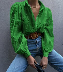 Chemise décontractée pour femme, style vintage, printemps-été, avec manches raglan, col rabattu, tissu tricoté, écologique, coupe classique - Product Image 2