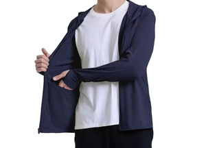 Sweat-shirt à capuche zippé bleu marine pour homme, couleur unie, séchage rapide, tricoté, décontracté, avec logo frontal, léger, pour l'automne, vente en gros - Product Image 3