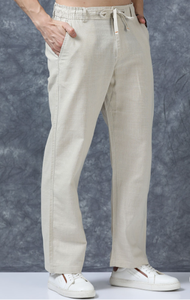 Premium Cotton <b>Trousers</b> <b>For</b> <b>Men</b> Beige Solid Relaxed Fit Mid Rise Regular Pants With <b>Elasticated</b> Waistband And Drawstring Closure - Product Image 3