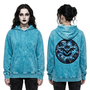 Sweat à capuche vintage bleu sarcelle délavé pour femme, imprimé graphique personnalisé galaxie chauve-souris sphère, streetwear gothique, coupe oversize - Product Image 1
