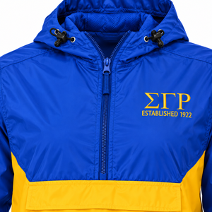 Veste Anorak Coupe-Vent Légère pour Femme Bleu Royal et Jaune, à Capuche, Demi-Zip, Color Block, avec Poche à Rabat Avant Longue - Product Image 6