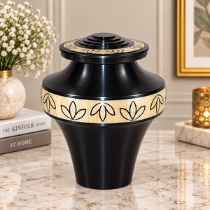 Urne funéraire en métal lilas avec élégantes détails ondulés dorés, corps arrondi, couvercle ajusté, récipient commémoratif pour cendres - Product Image 5