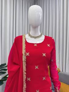 Red Women's Traditional Indian Pakistani Wedding <b>Party</b> <b>Dress</b> <b>Gold</b> Embroidery Dupatta Ankle-Length Foux Gorgette Set Quick Dry - Product Image 5