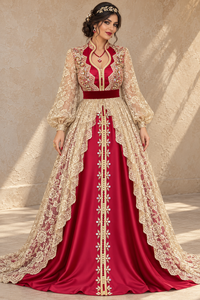 Mishkat Couture Eleganter Rubinroter Champagner-Gold Spitzen-Kaftan mit Perlen- und Kristallverzierungen V-Ausschnitt Maxi-Länge Bischof-Ärmel Rot - Product Image 5