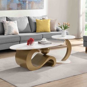 Modern <b>Nesting</b> Coffee <b>Table</b> Set of 2 Golden Oval and Round End <b>Tables</b> for Living Room - Product Image 1