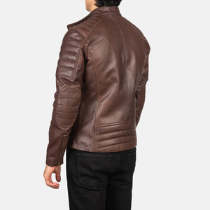 Men's Brown <b>Leather</b> Biker <b>Jacket</b> Stand Collar Zipper Closure Slim Fit Motorcycle Style Autumn Wear - Product Image 5