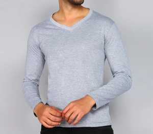 T-shirt à manches longues pour homme, col en V, gris, coupe classique, jersey tricoté uni, haut décontracté - Product Image 4
