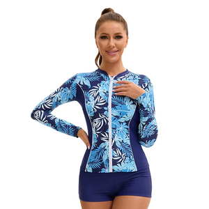 Trendy Swimwear Leaf Printed Women Three Piece Rash Guard Long Sleeve Swimsuits Swim Shirt <b>Bathing</b> Sublimation Ladies Premium - Product Image 2