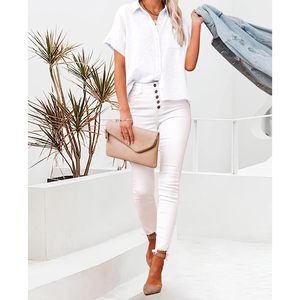 Blusas informales con botones de lino y algodón XL para mujer, blusas de playa de verano sólidas con logotipo bordado de bolsillo/patrón de manga corta - Product Image 5