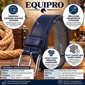 Cinturón de Cuero Genuino de Vaca Equipro Azul Marino con Hebilla Plateada, Bordes Cosidos, Estampado Animal, Transpirable, 3.5cm de Ancho, Casual - Product Image 4