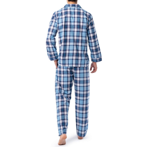 Pyjama à carreaux bleus et blancs pour hommes, en coton respirant, à manches longues, facile d'entretien, confortable, vêtements de nuit pour hommes - Product Image 2