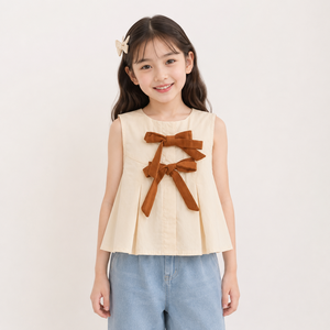 เสื้อเปปลัมแขนกุดสำหรับเด็กผู้หญิง แต่งโบว์ด้านหน้า สีพื้น เสื้อเชิ้ตลำลอง ผ้าฝ้ายป๊อปลิน - Product Image 1