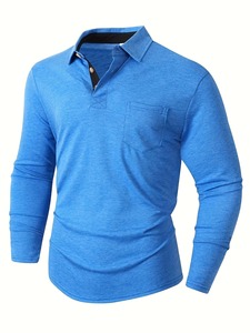 Polo à manches longues pour homme, couleur unie, en coton tricoté, décontracté, anti-plis, avec boutons, coupe classique, avec poche - Product Image 5