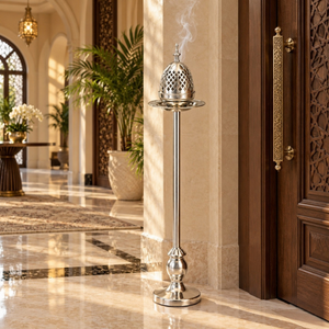 Élégant brûleur de Bakhoor arabe |   Mabkhara sur pied en acier inoxydable, à treillis ouvert et dôme, porte-encens Oudh, décoration Majlis Ramadan - Product Image 3