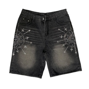 Pantalones Cortos de Mezclilla para Hombre, Estilo Urbano, de Mezclilla Pesada, con Pedrería y Cristales, Estilo Vintage, Holgados - Product Image 1